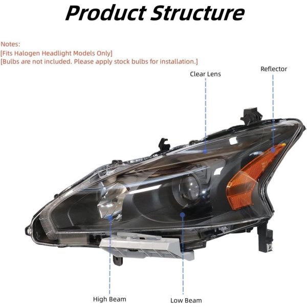 Headlight Assembly Fit for 2013 2014 2015 NissanAltima Sedan Halogen Headlights Assembly