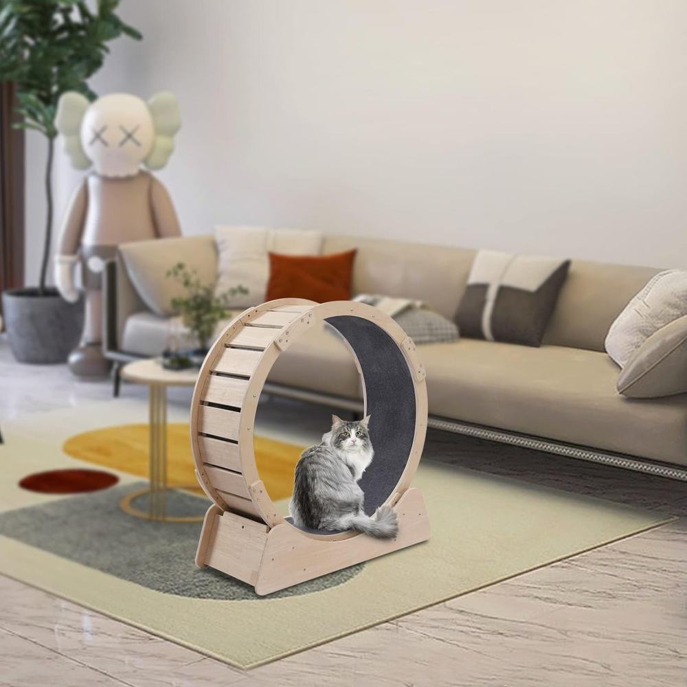 Cat Exercise Wheel - Cat Wheel Exerciser for Indoor Cats - Cat Running Wheel, Round Hamster-Wheel Style Cat Exercise Wheel with Carpet Runway, Wooden Linen-Covered with Unique Design