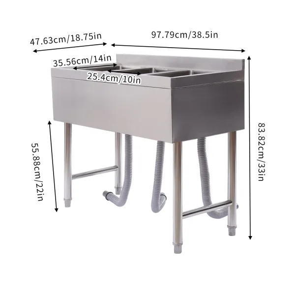 HANGKAI 3 Compartment Sink of Stainless Steel NSF Commercial Utility Basin with 10" L x 14" W x 10" D Bowl