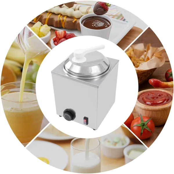 Hot Fudge Warmer with Pump, 2.4 Qt Hot Fudge Dispenser, 650 W Cheese Warmer Dispenser Hot Fudge Warmer with Pump, 2.4 Qt Hot Fudge Dispenser, 650 W Cheese Warmer Dispenser