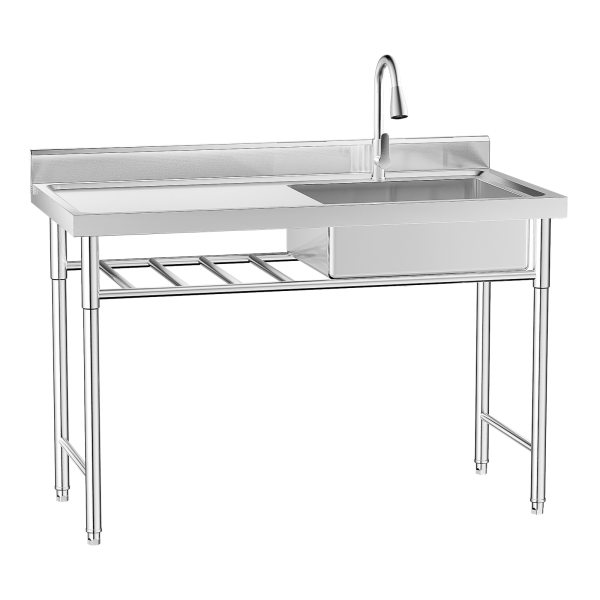HANGKAI Load-bearing 300kg/661lbs Free-Standing 201 Non-magnetic Stainless Steel Thickened Commercial Sink Prep Table w/ 360°Faucet