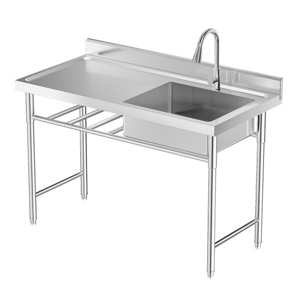 HANGKAI Load-bearing 300kg/661lbs Free-Standing 201 Non-magnetic Stainless Steel Thickened Commercial Sink Prep Table w/ 360°Faucet