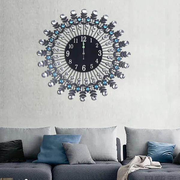 Wall Clock Modern Crystal Diamond Wall Clocks 3D Round Luxury Flower Wall Clock Non Ticking Silent Metal Clock 23.62 x 23.62in