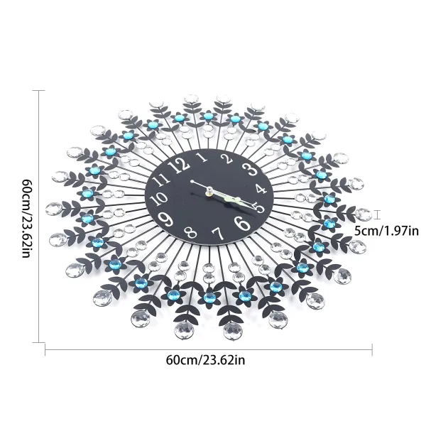 Wall Clock Modern Crystal Diamond Wall Clocks 3D Round Luxury Flower Wall Clock Non Ticking Silent Metal Clock 23.62 x 23.62in