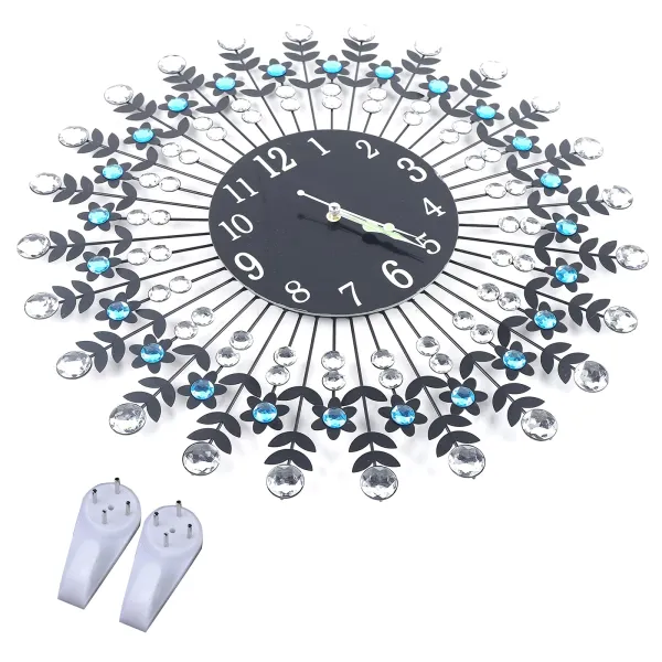Wall Clock Modern Crystal Diamond Wall Clocks 3D Round Luxury Flower Wall Clock Non Ticking Silent Metal Clock 23.62 x 23.62in