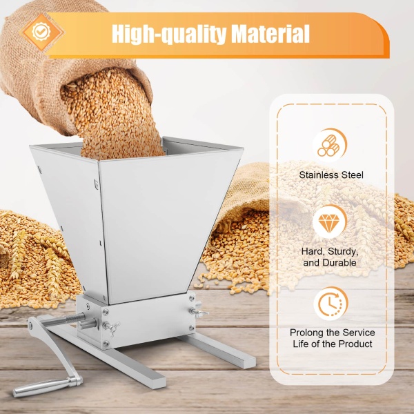 4L Grain Mill Manual Malt Mill Crusher Barley Grain Grinder with 2 Stainless Steel Roller for Home Brew Beer Mill