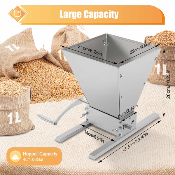4L Grain Mill Manual Malt Mill Crusher Barley Grain Grinder with 2 Stainless Steel Roller for Home Brew Beer Mill
