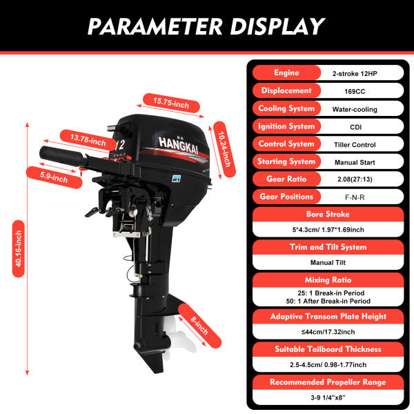 HANGKAI 2 Stroke 12HP Outboard Motor Inflatable Fishing Boat Engine w/Water Cooling System
