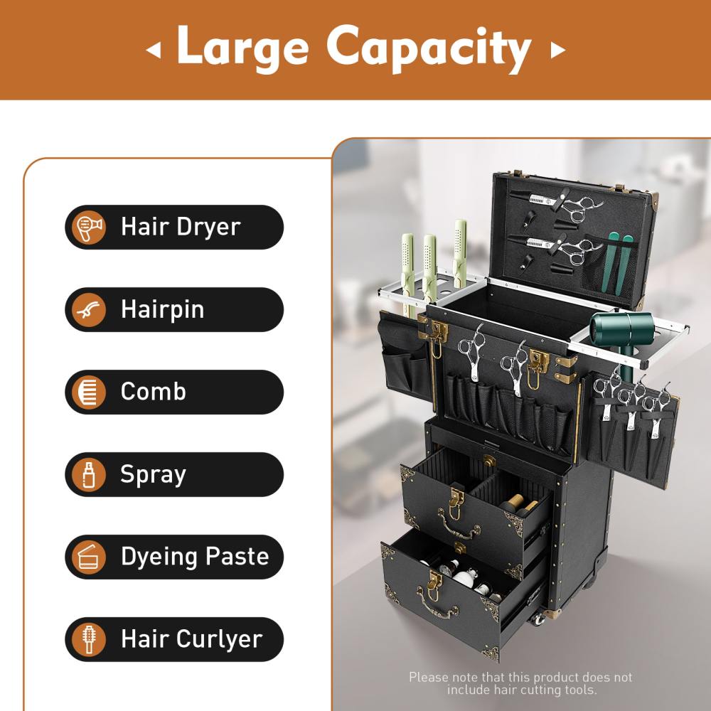 Rolling Lockable Makeup Train Case Hairdressing Trolley Stylist Beauty Salon Cosmetic Luggage Travel Organizer Tool Box with Hair Dryer Holder