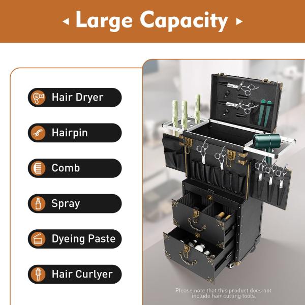 Rolling Lockable Makeup Train Case Hairdressing Trolley Stylist Beauty Salon Cosmetic Luggage Travel Organizer Tool Box with Hair Dryer Holder