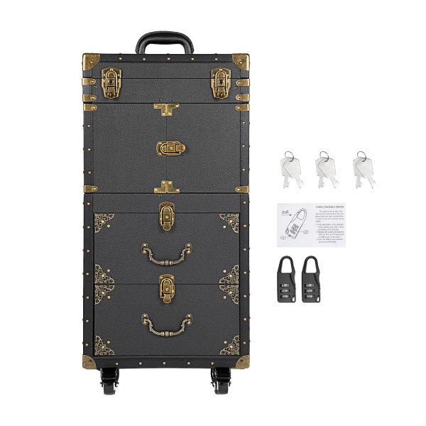 Rolling Lockable Makeup Train Case Hairdressing Trolley Stylist Beauty Salon Cosmetic Luggage Travel Organizer Tool Box with Hair Dryer Holder