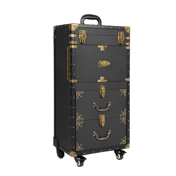 Rolling Lockable Makeup Train Case Hairdressing Trolley Stylist Beauty Salon Cosmetic Luggage Travel Organizer Tool Box with Hair Dryer Holder