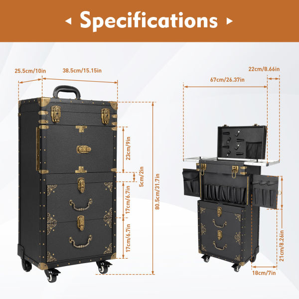 Rolling Lockable Makeup Train Case Hairdressing Trolley Stylist Beauty Salon Cosmetic Luggage Travel Organizer Tool Box with Hair Dryer Holder