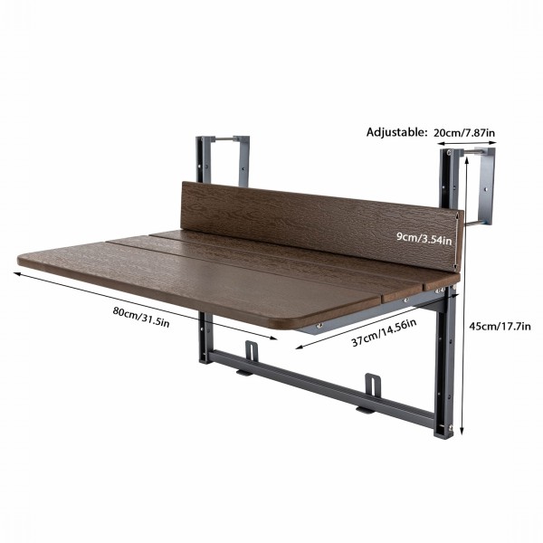 Balcony Table for Railings, Balcony Railing Hanging Table Folding Balcony Table Hanging Adjustable Deck Table for Patio, Garden (Brown, 80*37cm)