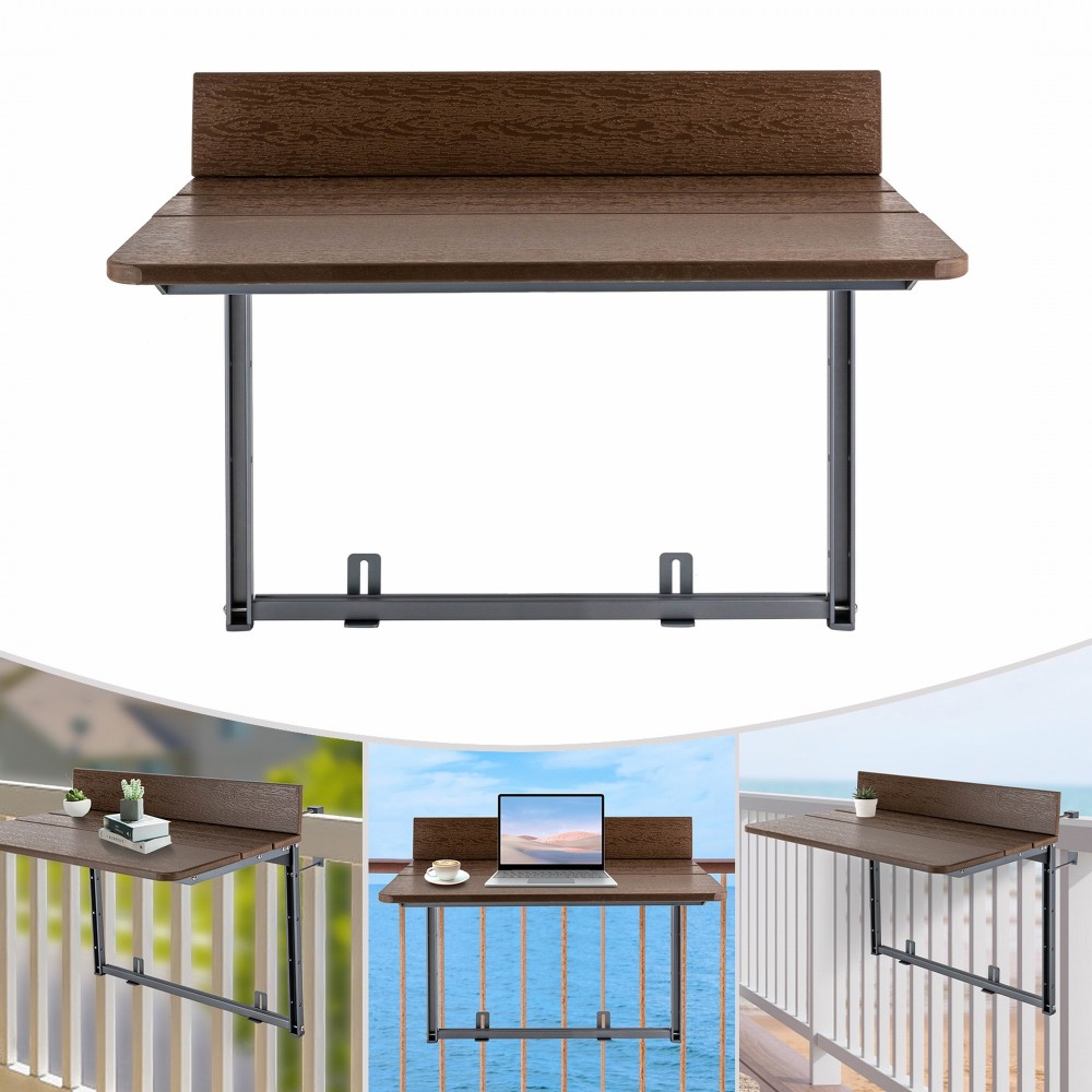 Balcony Table for Railings, Balcony Railing Hanging Table Folding Balcony Table Hanging Adjustable Deck Table for Patio, Garden (Brown, 80*37cm)