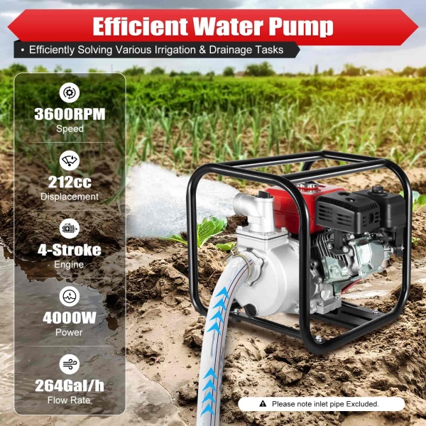 Gasoline Engine Water Pump, 2-inch Gas Powered Trash Water Transfer Pump with 24.61ft Hose for Irrigation Pool