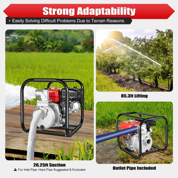 Gasoline Engine Water Pump, 2-inch Gas Powered Trash Water Transfer Pump with 24.61ft Hose for Irrigation Pool